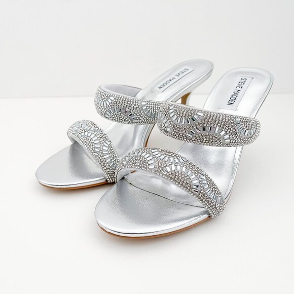 Steve Madden Baton Rhinestone Silver Mules Sandals Heels - Picture 2 of 14